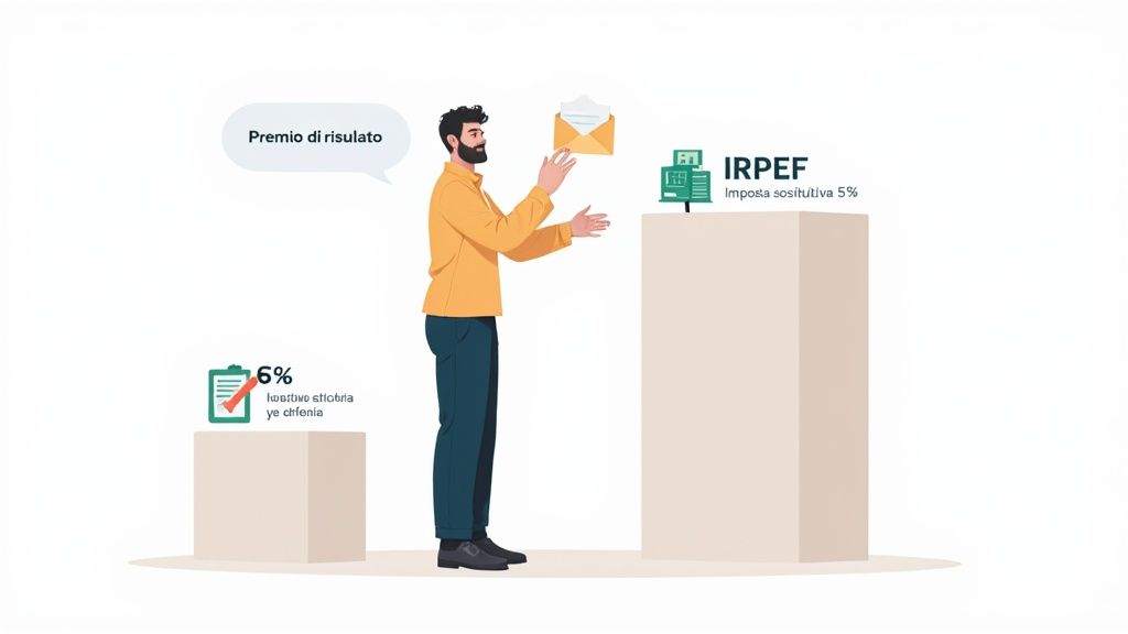Illustrazione di un uomo che confronta due regimi fiscali per il premio di risultato: 6% vs IRPEF con imposta sostitutiva del 5%.