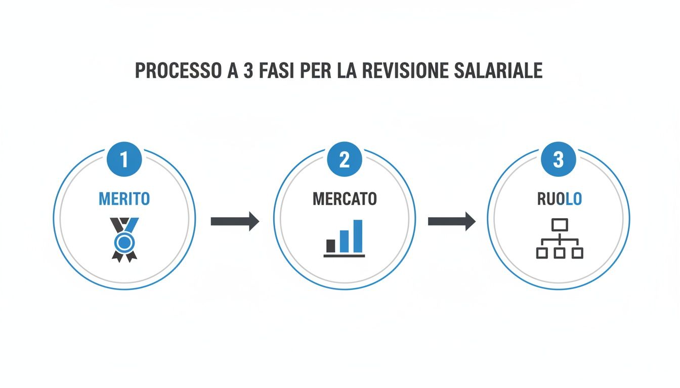 Schema del processo a 3 fasi per la revisione salariale: merito, mercato e ruolo.