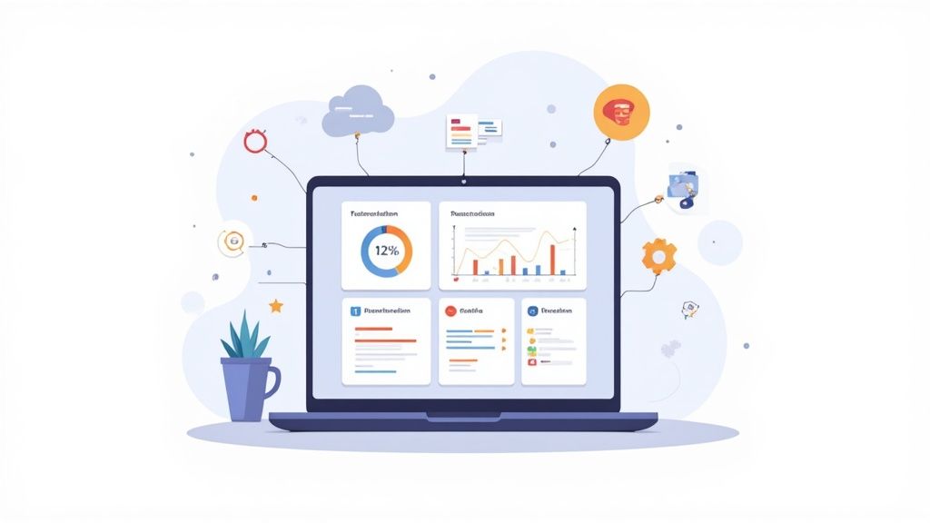 Un laptop mostra una dashboard con grafici e dati, circondato da icone di cloud e business per l'analisi aziendale.