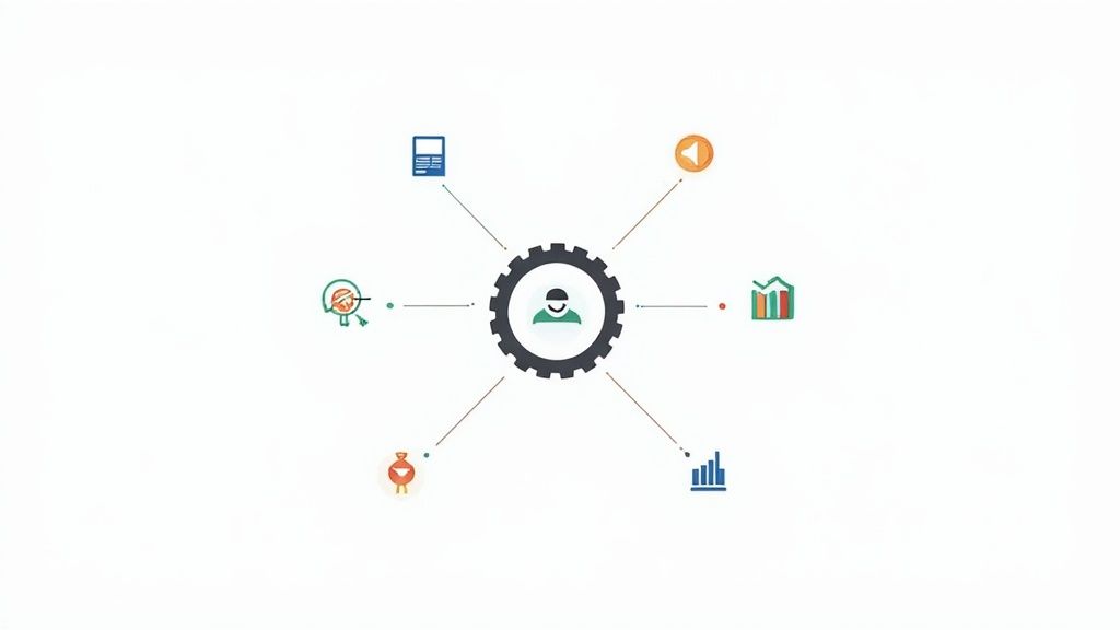 Diagramma di trasformazione digitale delle risorse umane con icone di gestione, analisi dati e processi aziendali interconnessi