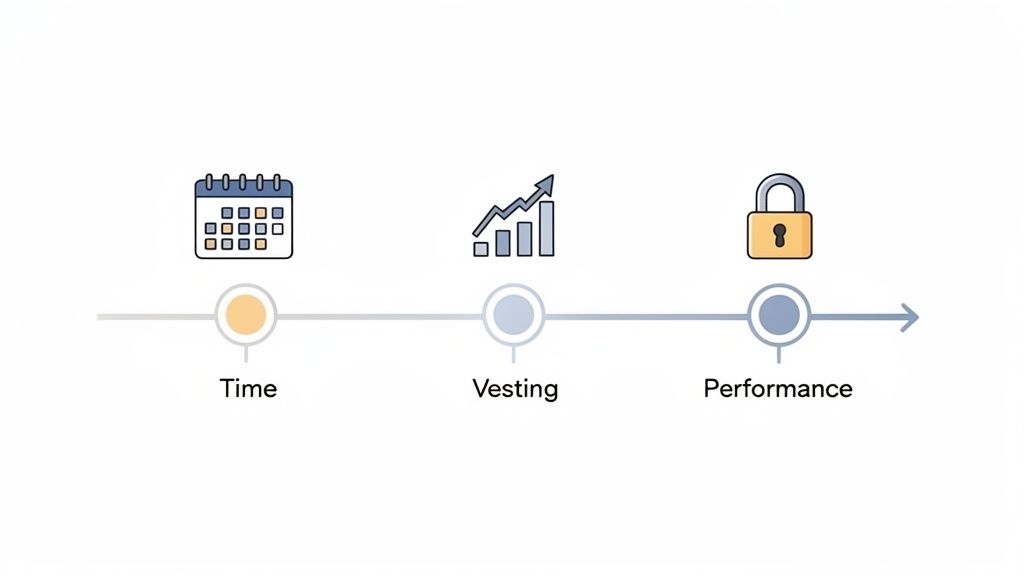 Timeline che illustra i concetti di tempo, vesting e performance con icone di calendario, grafico e lucchetto.