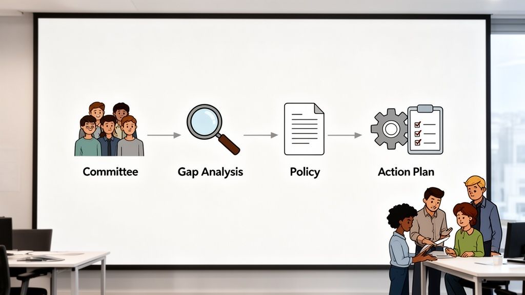 Diagramma di flusso che illustra il processo di analisi e pianificazione, con persone che collaborano in ufficio.