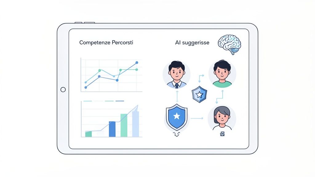 Un tablet mostra grafici di competenze e percorsi, con l'AI che suggerisce sviluppi per le persone.