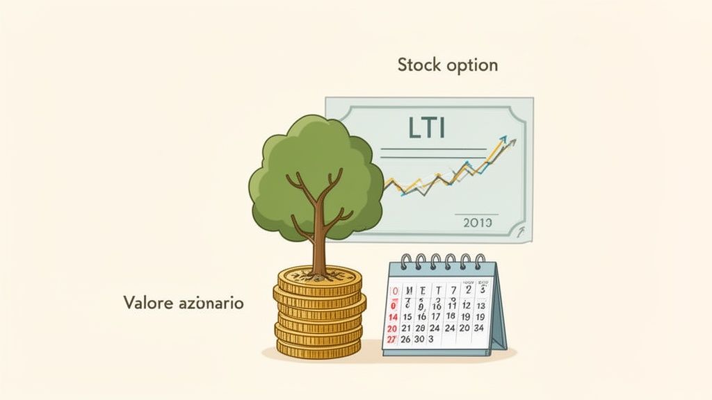 Illustrazione che collega opzioni azionarie (LTI), crescita del valore azionario con albero su monete e calendario.
