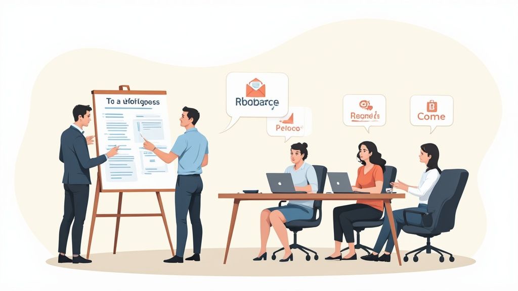 Uomini presentano a una lavagna interattiva mentre donne lavorano con laptop, con bolle di testo e icone.