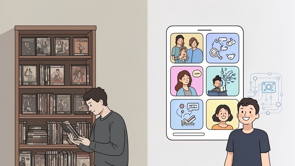 Un uomo legge un libro accanto a uno scaffale, mentre un altro interagisce con una piattaforma digitale di apprendimento.