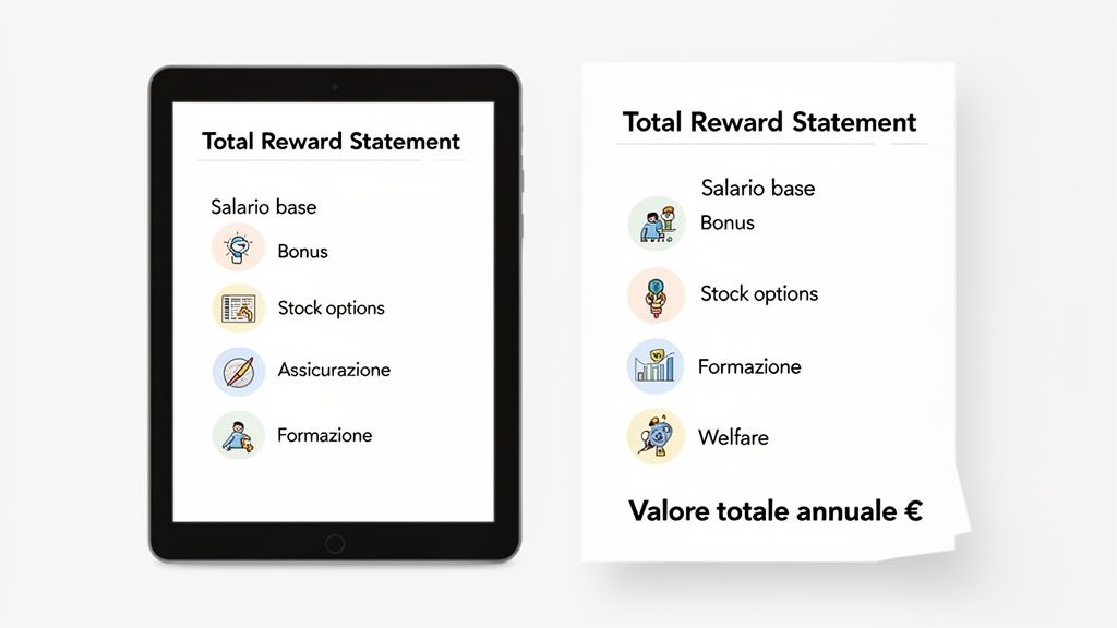 Due esempi di Total Reward Statement, uno su tablet e l'altro su carta, che illustrano voci di retribuzione e benefit come salario, bonus e formazione.