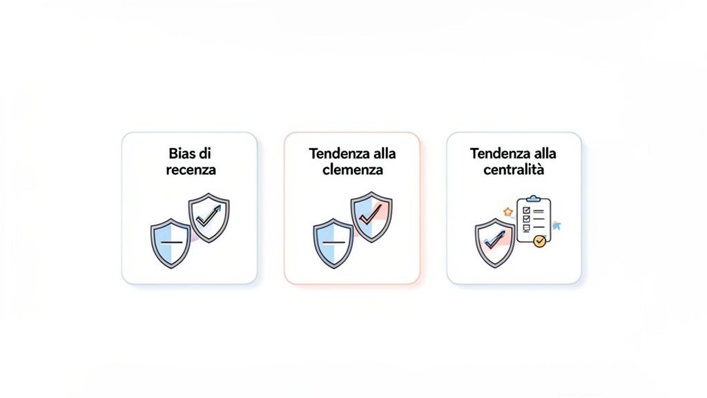 Illustrazione di tre schede che mostrano bias di valutazione: recenza, clemenza e centralità, con icone esplicative.