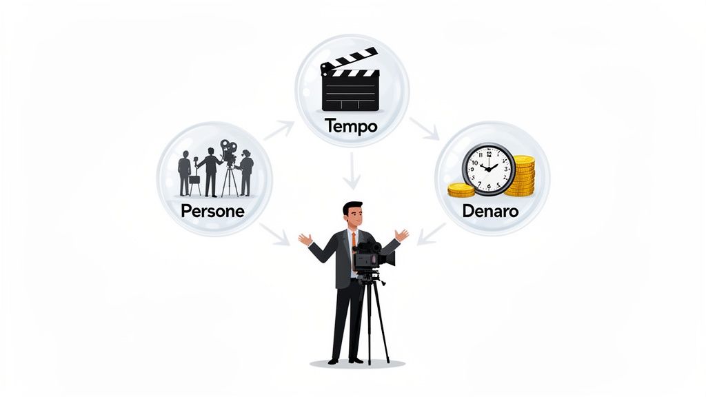 Uomo gestisce persone, tempo e denaro, le risorse fondamentali per la produzione video.