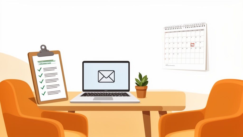 Un ufficio stilizzato con scrivania, laptop, lista di controllo, pianta e calendario. Due sedie arancioni in primo piano.