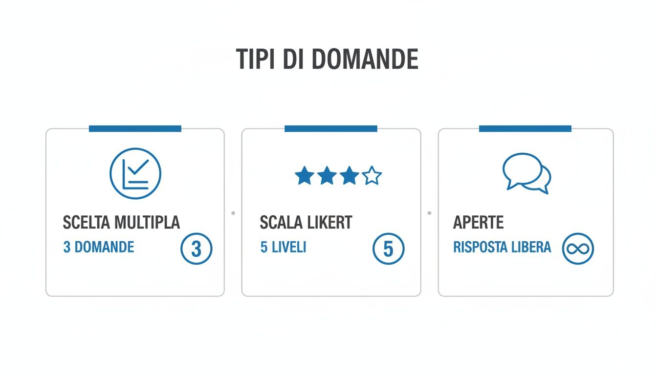 Immagine illustra tre tipi di domande per questionari: scelta multipla, scala Likert e aperte.