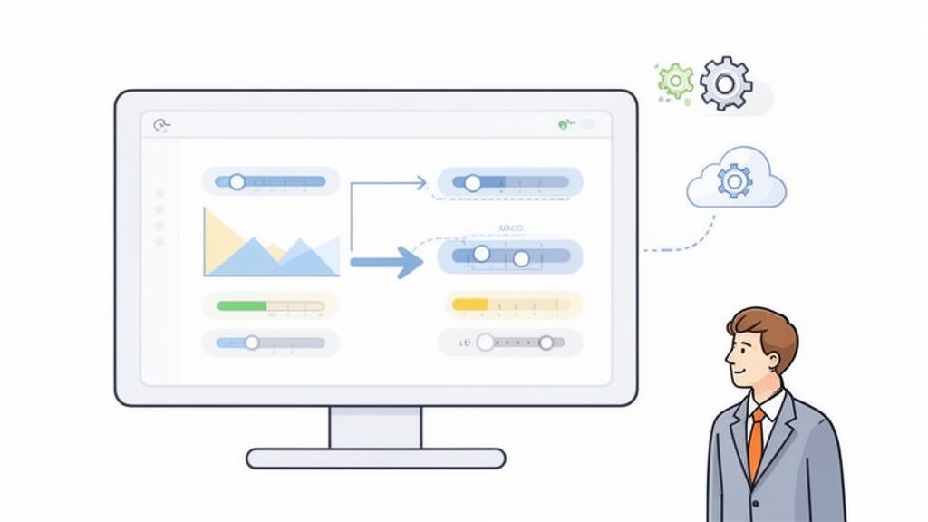 Uomo osserva schermo computer con dashboard interattiva, grafici, cursori e flusso di lavoro digitale, indicando analisi dati e gestione.