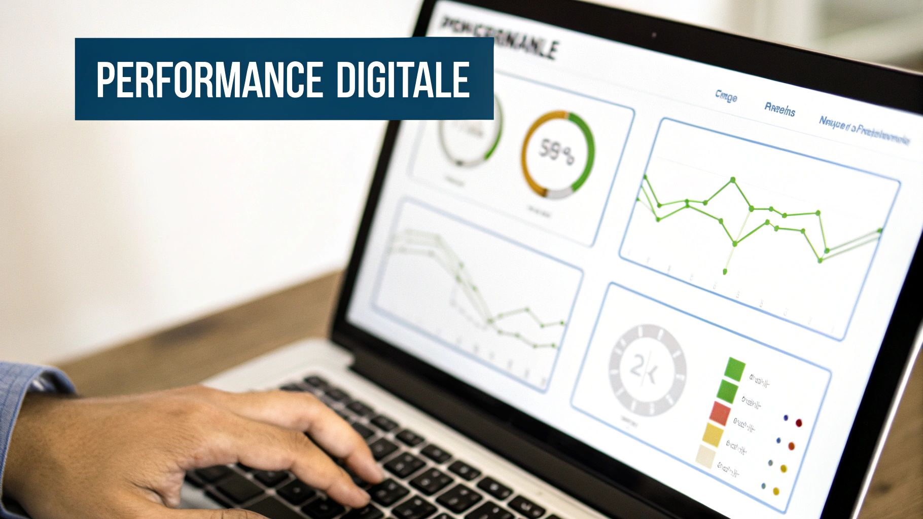 Una dashboard su un laptop che mostra grafici e dati sulle performance del team.
