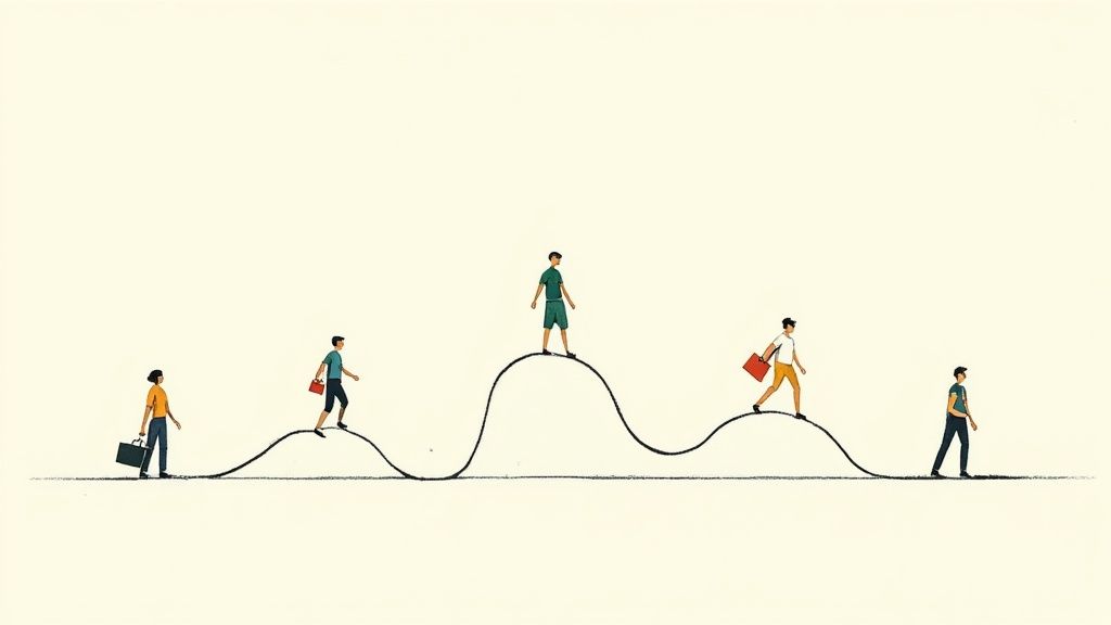Illustrazione di persone che camminano su una linea ondulata, simboleggiando percorsi di carriera o sfide. Alcuni portano borse da lavoro.