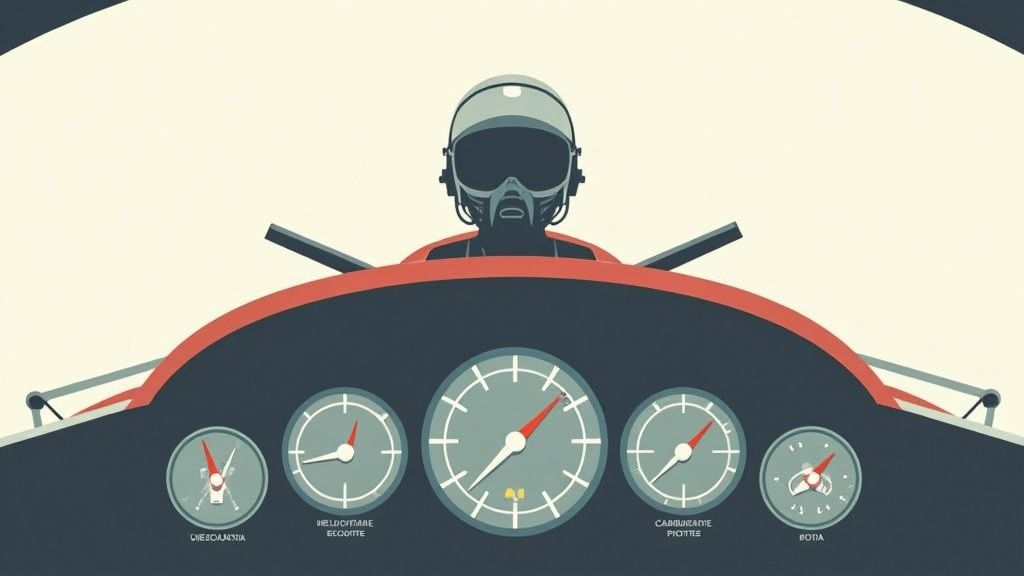 Illustrazione minimalista di un pilota con casco e maschera in un abitacolo con cruscotto e cinque indicatori.