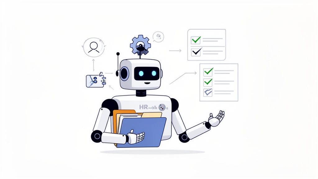 Un robot HR gestisce documenti e processi, simboleggiando l'automazione per ridurre i costi del lavoro.