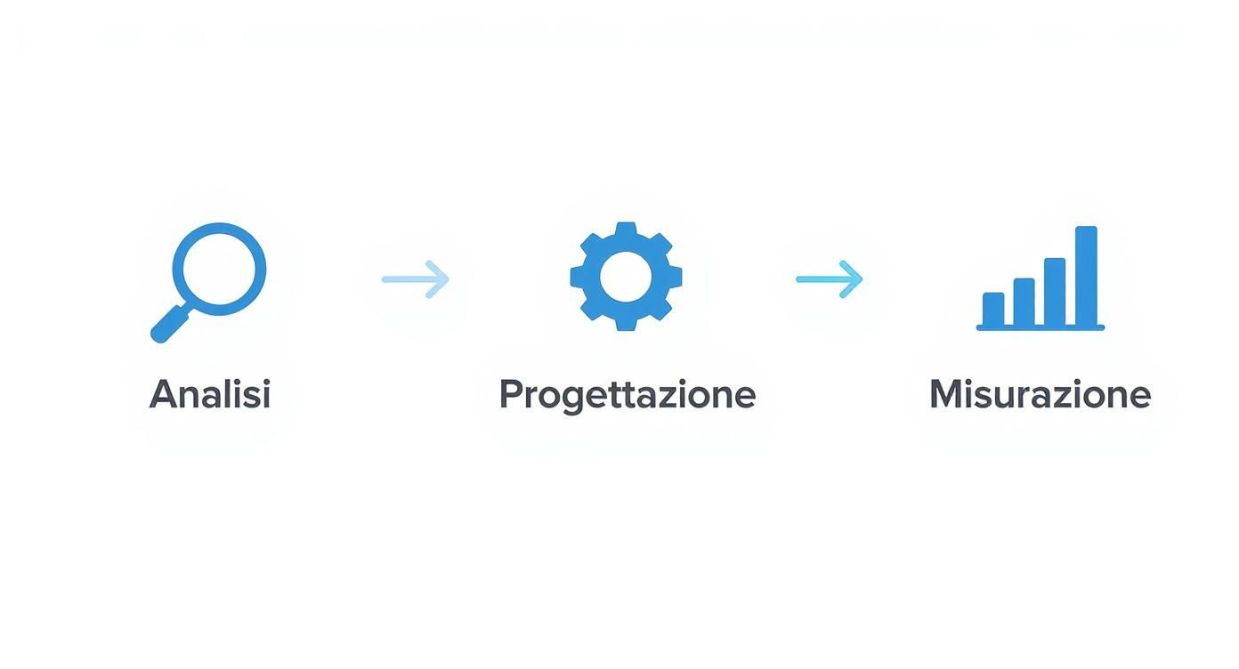 Infografica che mostra un processo di formazione in 3 step: Analisi, Progettazione e Misurazione