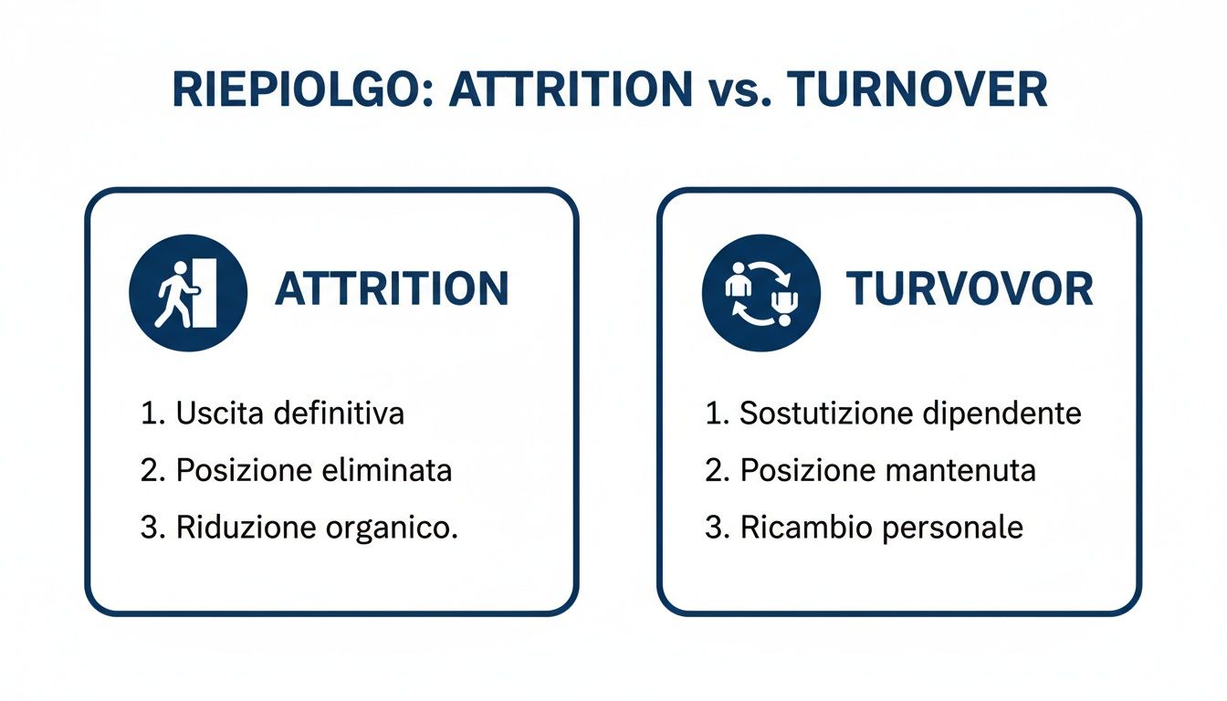 Infografica riassuntiva che confronta le differenze tra Attrition (riduzione organico) e Turnover (sostituzione personale) in azienda.
