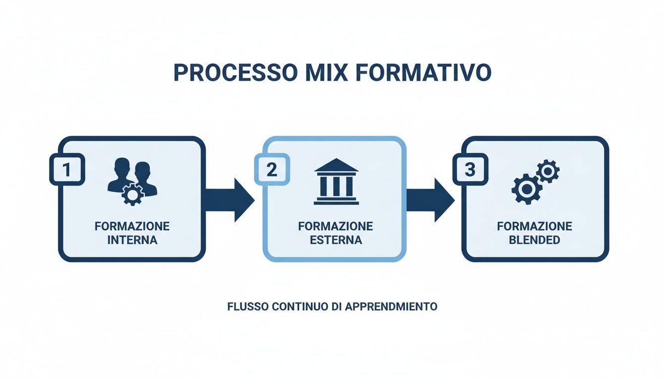 Diagramma che illustra il processo mix formativo con formazione interna, esterna e blended per un flusso continuo di apprendimento.