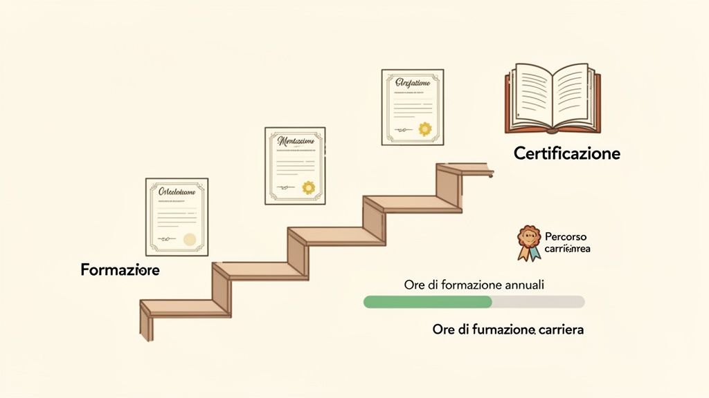 Illustrazione di un percorso di formazione e certificazione professionale, con scale, certificati e ore di training per la carriera.