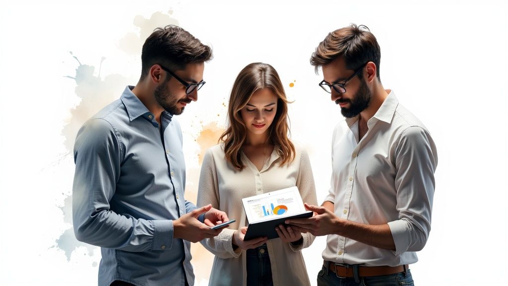 Tre professionisti che analizzano grafici e dati su tablet durante una riunione di lavoro collaborativa