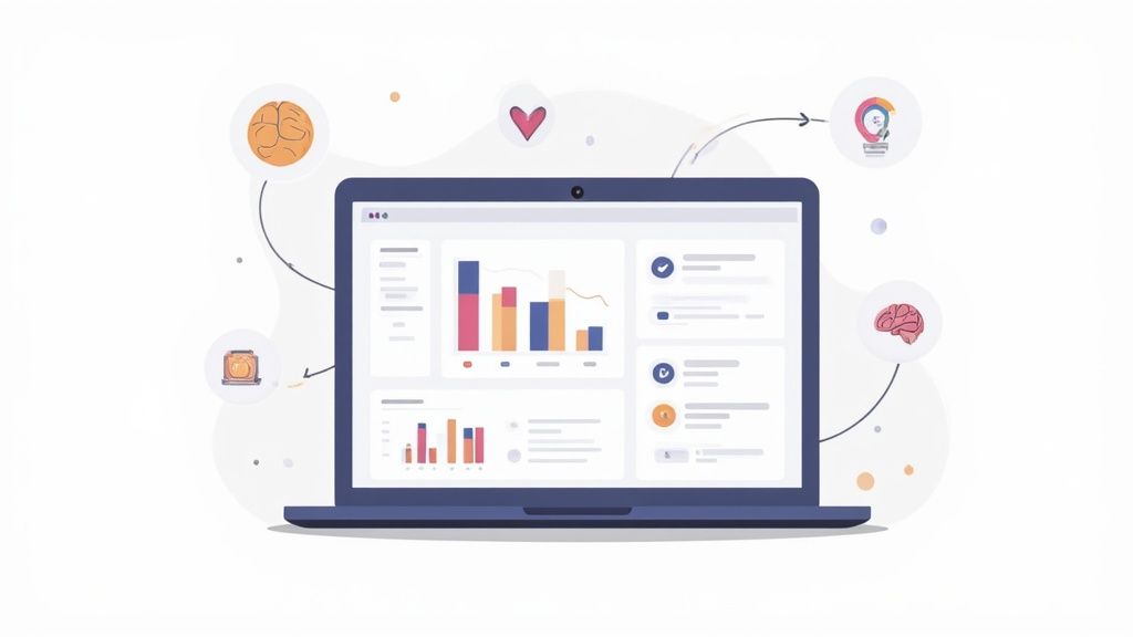 Laptop con dashboard che mostra grafici, dati e icone di cervello, cuore e lampadina, suggerendo analisi e obiettivi.