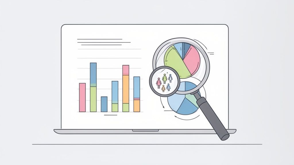 Laptop con grafici e lente d'ingrandimento che analizza icone di genere su un grafico a torta.