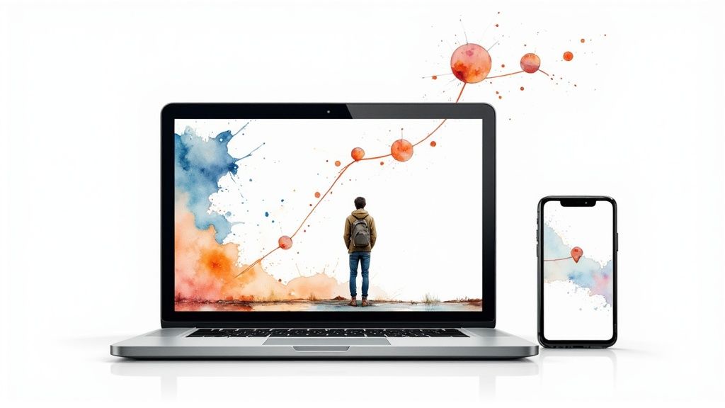 Laptop e smartphone mostrano illustrazione creativa di persona con zaino che osserva grafico dati crescente