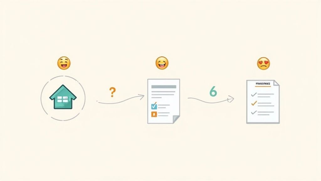 Diagramma del flusso di soddisfazione dal simbolo di una casa a documenti con checklist, indicando completamento e felicità.