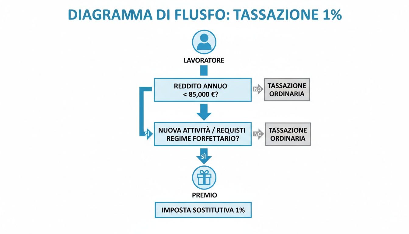 Diagramma di flusso che illustra le condizioni per l'applicazione della tassazione al 1% sul premio di risultato, basato su reddito annuo e requisiti del regime forfettario.