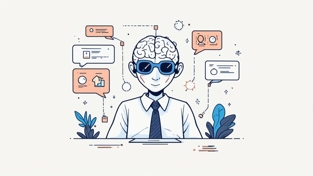 Illustrazione di una persona con cervello esposto, occhiali da sole e bolle di dialogo, simbolo di intelligenza artificiale o gestione dati.