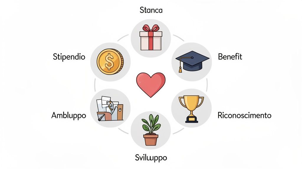 Diagramma esagonale con cuore centrale e sei elementi sul modello di ricompense totali: Stipendio, Stanca (regalo), Benefit, Riconoscimento, Sviluppo, Ambluppo (documenti).