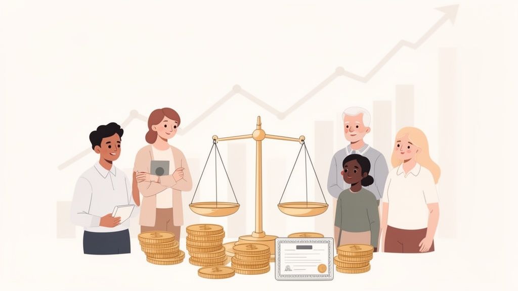 Gruppo di persone diverse con bilancia, monete, certificato e grafico in crescita, che simboleggiano parità finanziaria e investimento.