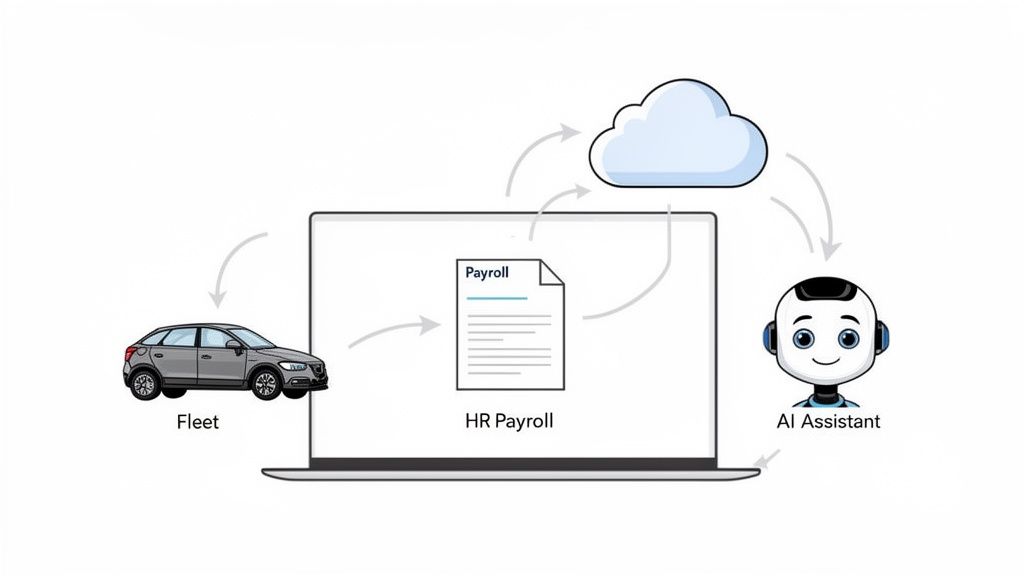 Schema del flusso di dati tra un parco auto, sistema HR payroll su laptop, cloud e assistente AI.