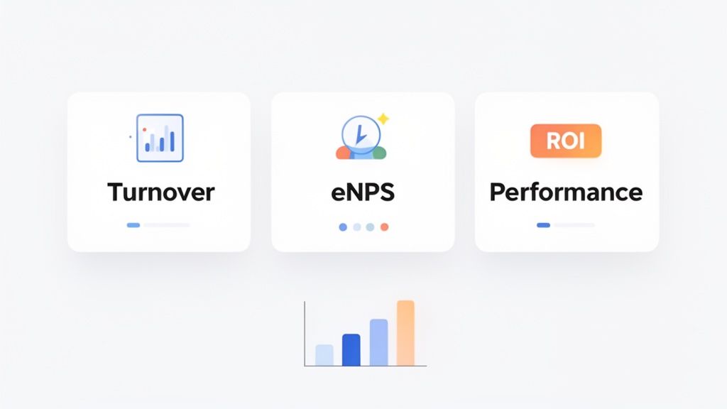 Tre carte mostrano indicatori aziendali come Turnover, eNPS e Performance con ROI, affiancati da un grafico a barre.