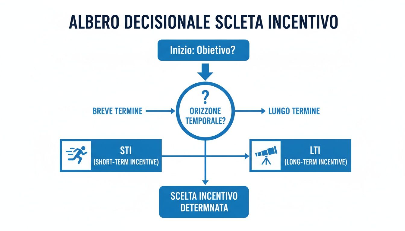Diagramma ad albero decisionale che illustra la scelta dell'incentivo, basata sull'orizzonte temporale: breve termine per STI, lungo termine per LTI.