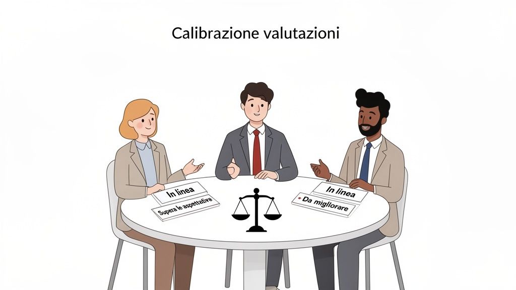 Tre persone discutono valutazioni di performance intorno a un tavolo, con una bilancia al centro. I documenti mostrano livelli di performance.