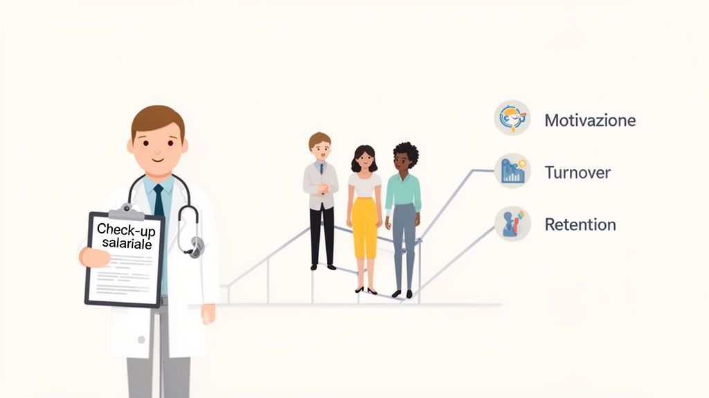 Un medico con cartella 'Check-up salariale' e dipendenti su un grafico, che illustra impatto su motivazione, turnover e retention aziendale.