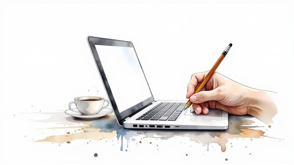 Mano che scrive su laptop con tazza di caffè, illustrazione digitale ad acquerello