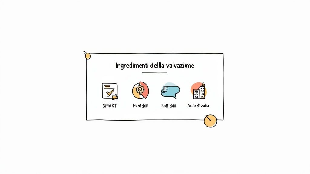 Grafico illustrato a mano: "Ingredienti della valutazione" con icone per SMART, hard skill, soft skill e scala di valutazione.