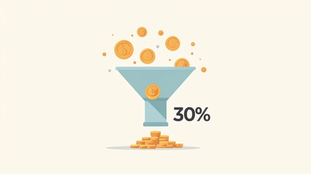 Immagine di monete d'oro che cadono in un imbuto, con un mucchio di monete in uscita e la percentuale del 30%.
