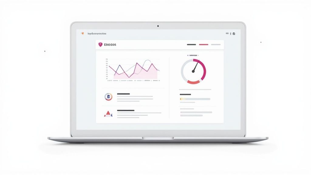 Un laptop moderno visualizza una dashboard con grafici, dati e indicatori di performance chiave.