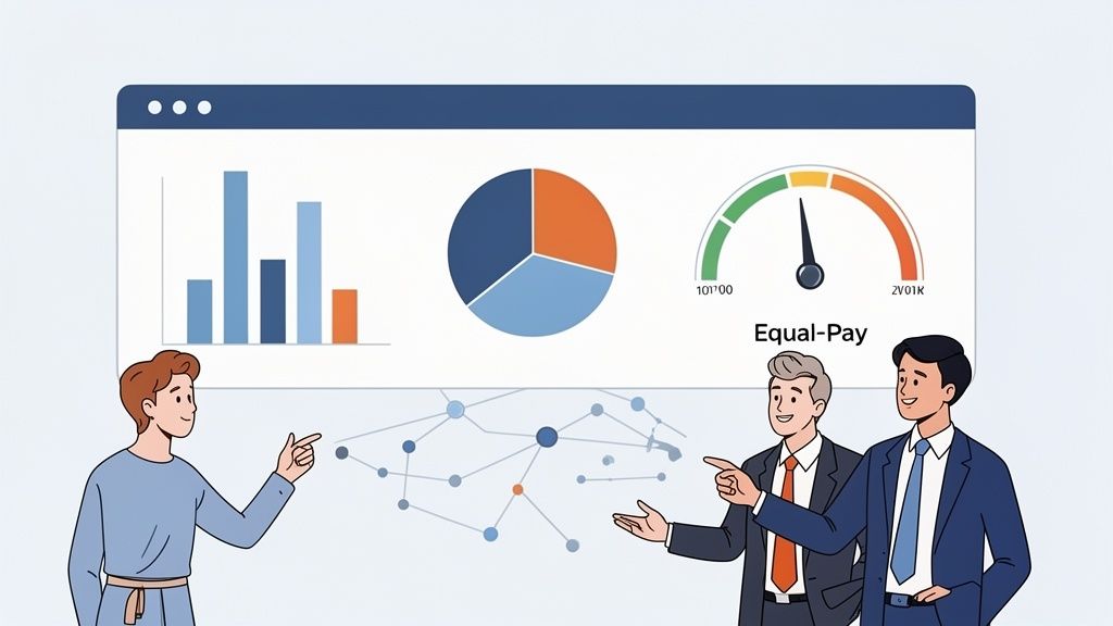 Tre uomini discutono un dashboard con grafici e dati su parità di retribuzione e una rete di dati.