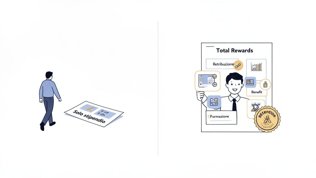 Contrasto tra 'solo stipendio' e un modello di 'Total Rewards' con retribuzione, benefit, formazione e retention.