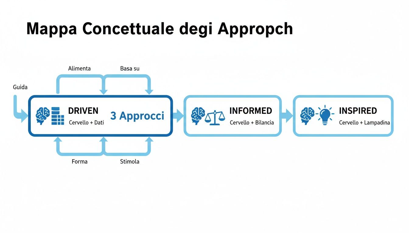 Mappa concettuale che descrive tre approcci (Driven, Informed, Inspired) e le loro interconnessioni logiche.
