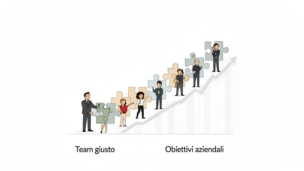 Un team di persone diverse costruisce una scala di puzzle in crescita, simboleggiando il raggiungimento degli obiettivi aziendali.