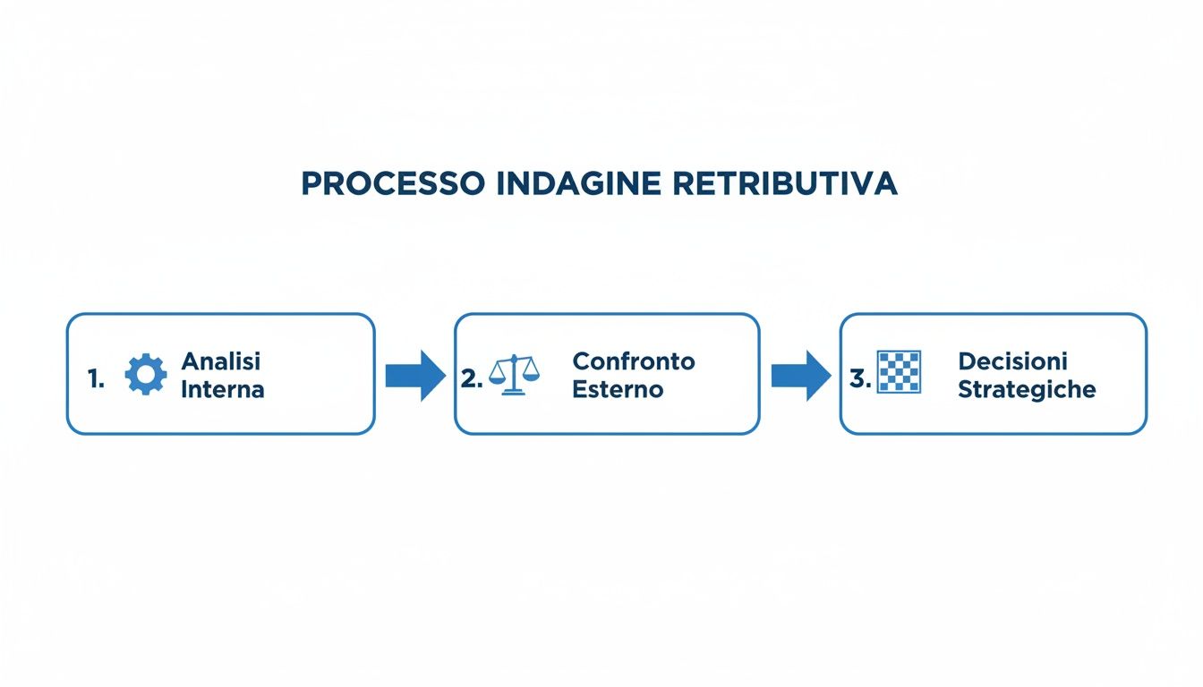 Schema del processo di indagine retributiva: analisi interna, confronto esterno e decisioni strategiche.