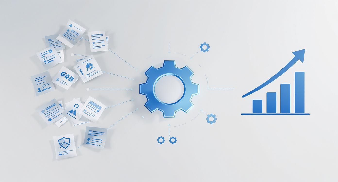 Schema di ingranaggio blu che simboleggia un processo, collegato a documenti e a un grafico di crescita con freccia ascendente.