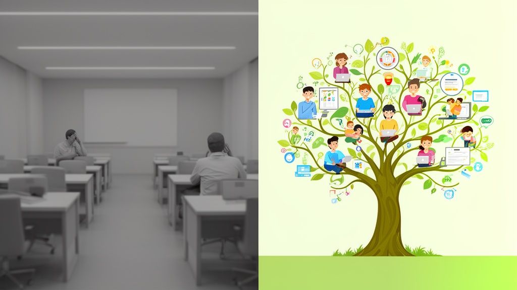 Contrasto tra aula scolastica grigia e un albero di apprendimento digitale con studenti felici.