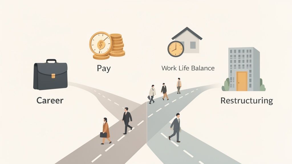 Illustrazione di un bivio professionale che rappresenta le scelte tra carriera, stipendio, equilibrio vita-lavoro e ristrutturazione.
